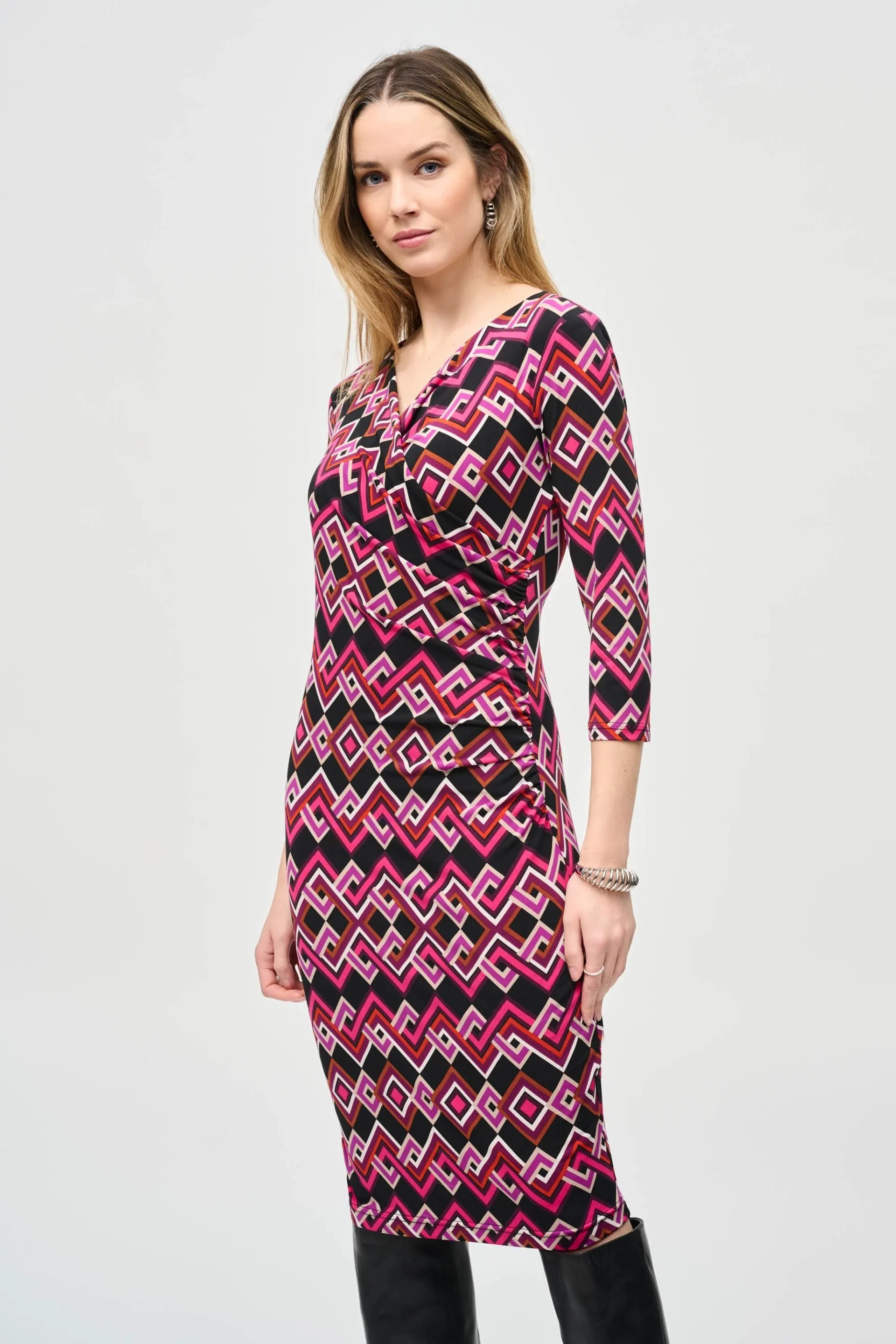 Joseph Ribkoff Black/Multi Geometric Faux Wrap Sheath Dress 243323