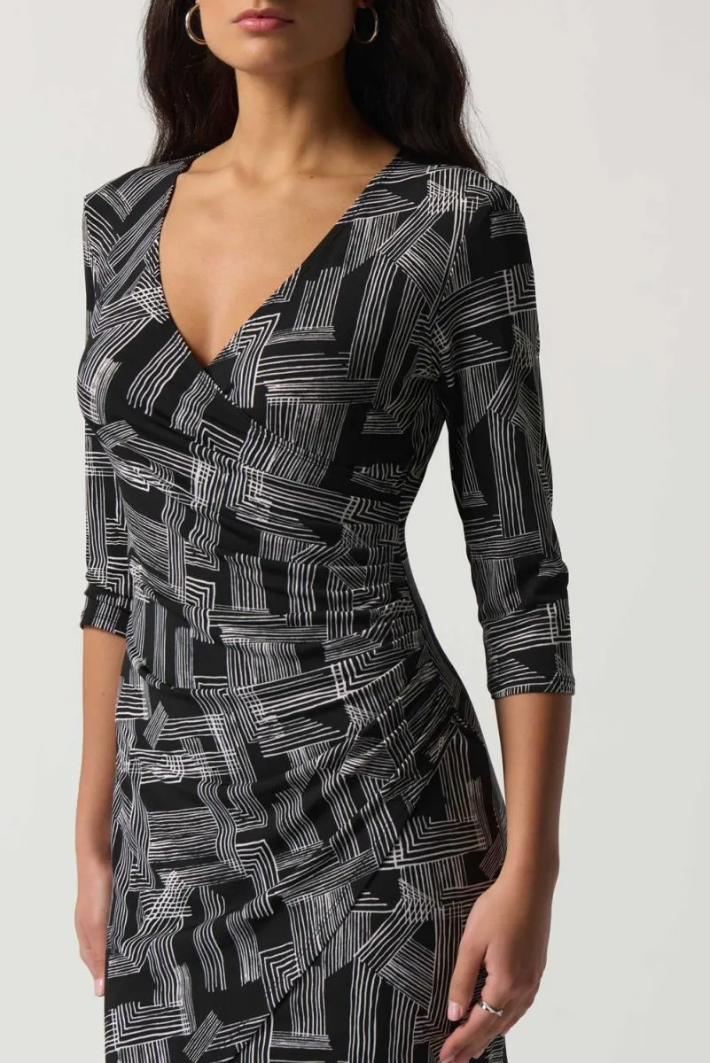 Joseph Ribkoff Black/Vanilla Abstract Linear Print Faux Wrap Sheath Dress 233172