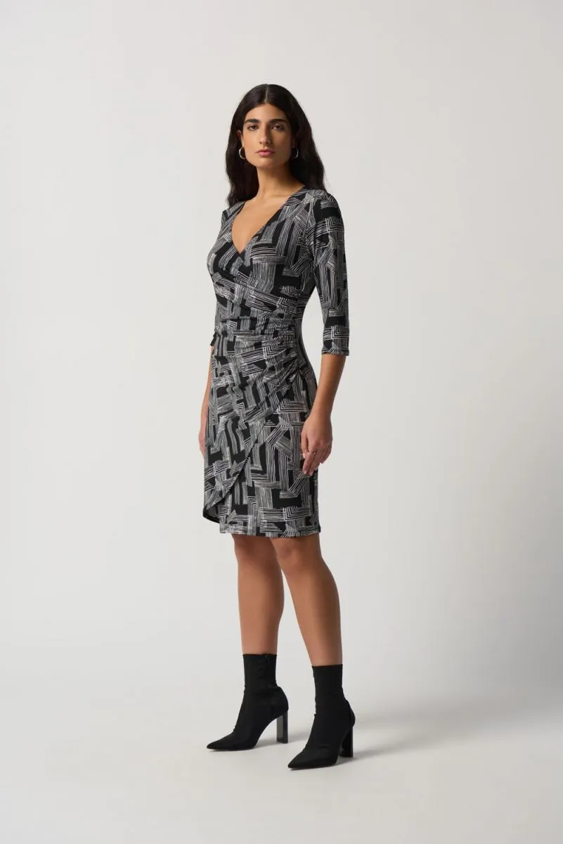 Joseph Ribkoff Black/Vanilla Abstract Linear Print Faux Wrap Sheath Dress 233172