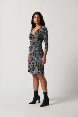 Joseph Ribkoff Black/Vanilla Abstract Linear Print Faux Wrap Sheath Dress 233172