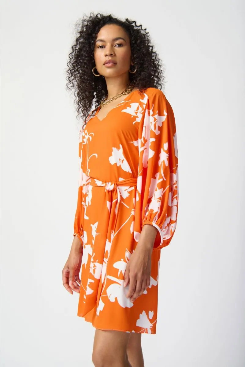 Joseph Ribkoff Mandarin/Vanilla Floral Print Puff Sleeve Belted Shirt Dress 241207