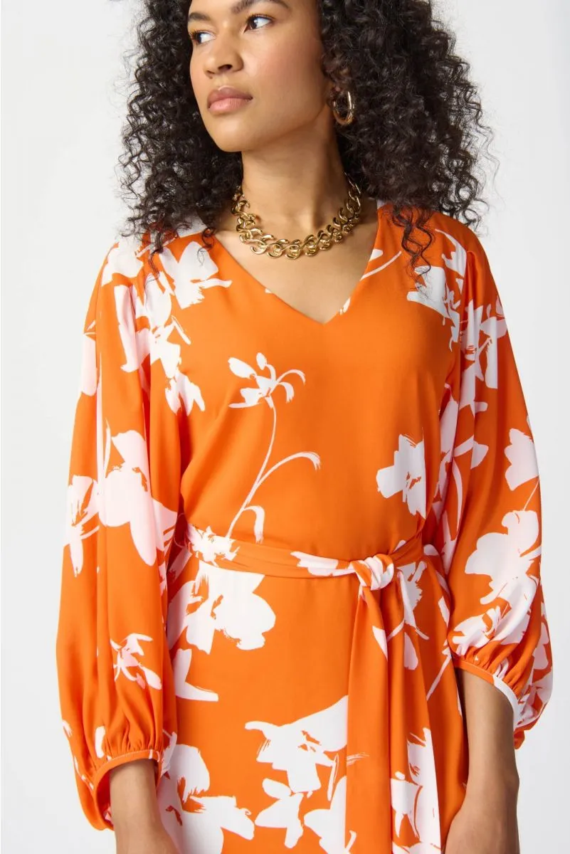 Joseph Ribkoff Mandarin/Vanilla Floral Print Puff Sleeve Belted Shirt Dress 241207