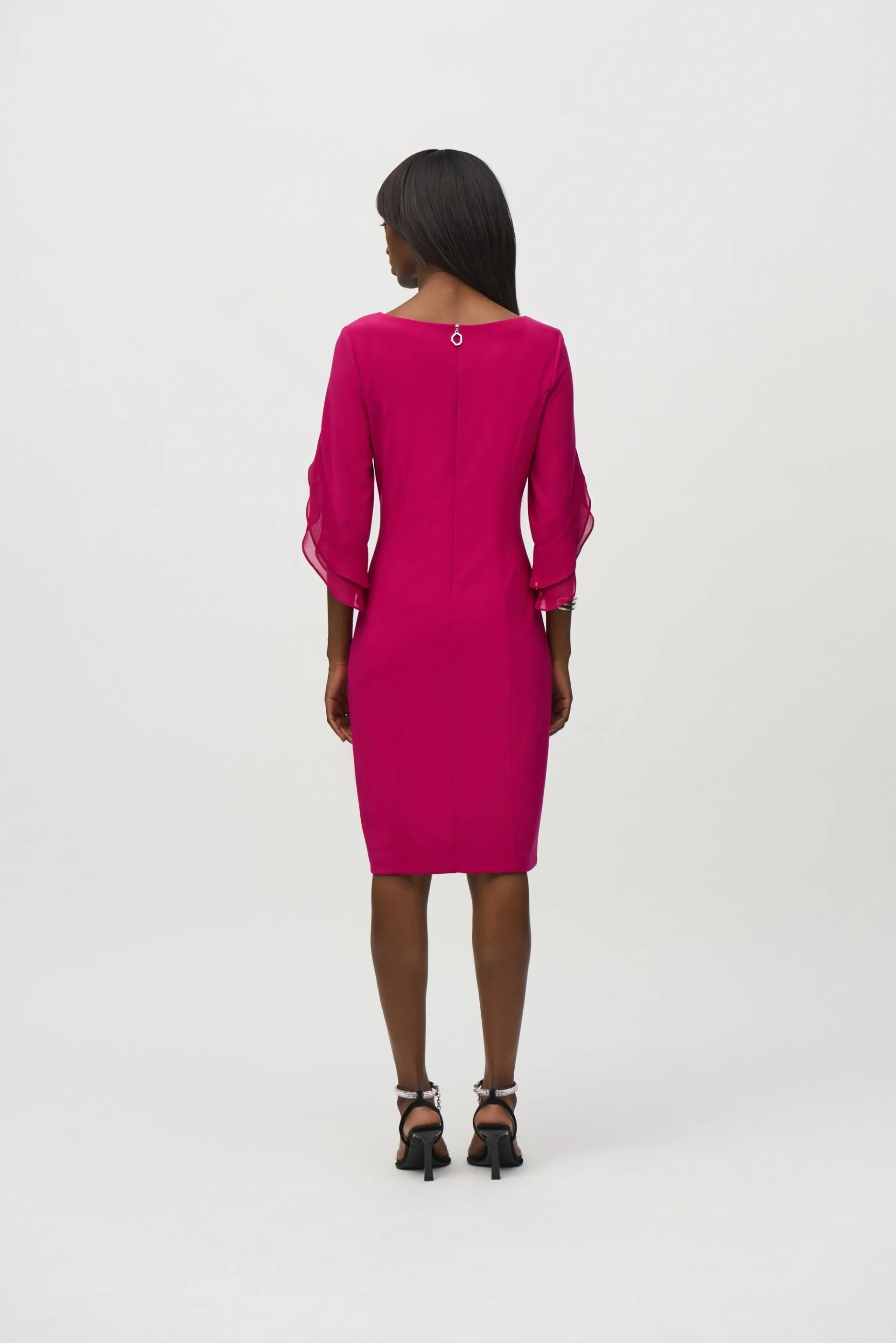 Joseph Ribkoff Rich Berry Ruffled Chiffon Sleeves Sheath Dress 244014
