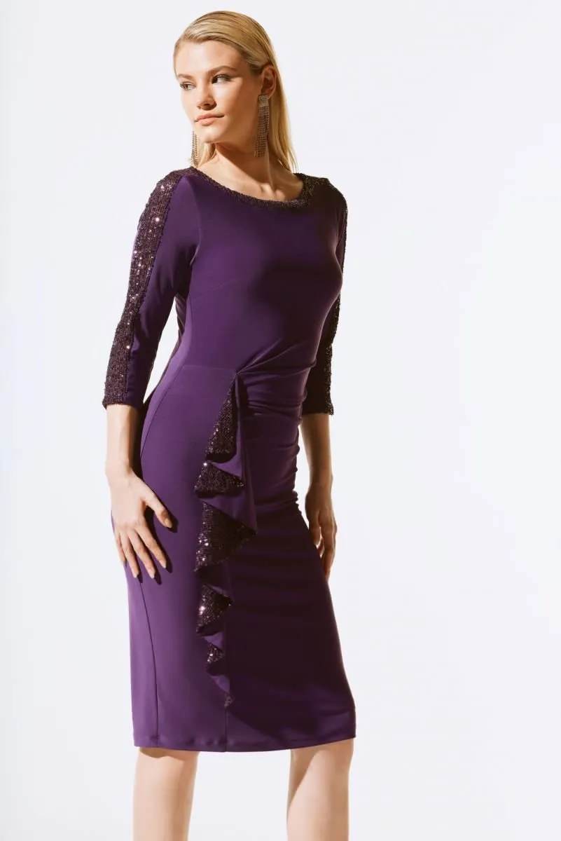 Joseph Ribkoff Sequined Ruffle 3/4 Sleeve Sheath Dress 243702