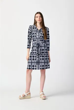 Joseph Ribkoff Vanilla/Midnight Dot Print Waist Tie Shirt Dress 241001