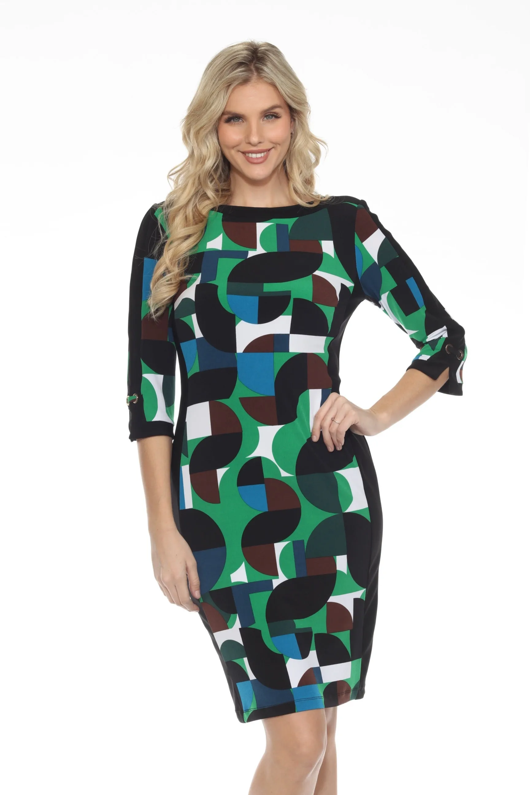 Joseph Ribkoff Vanilla/Multi Geometric Print Boat Neck Sheath Dress 243324