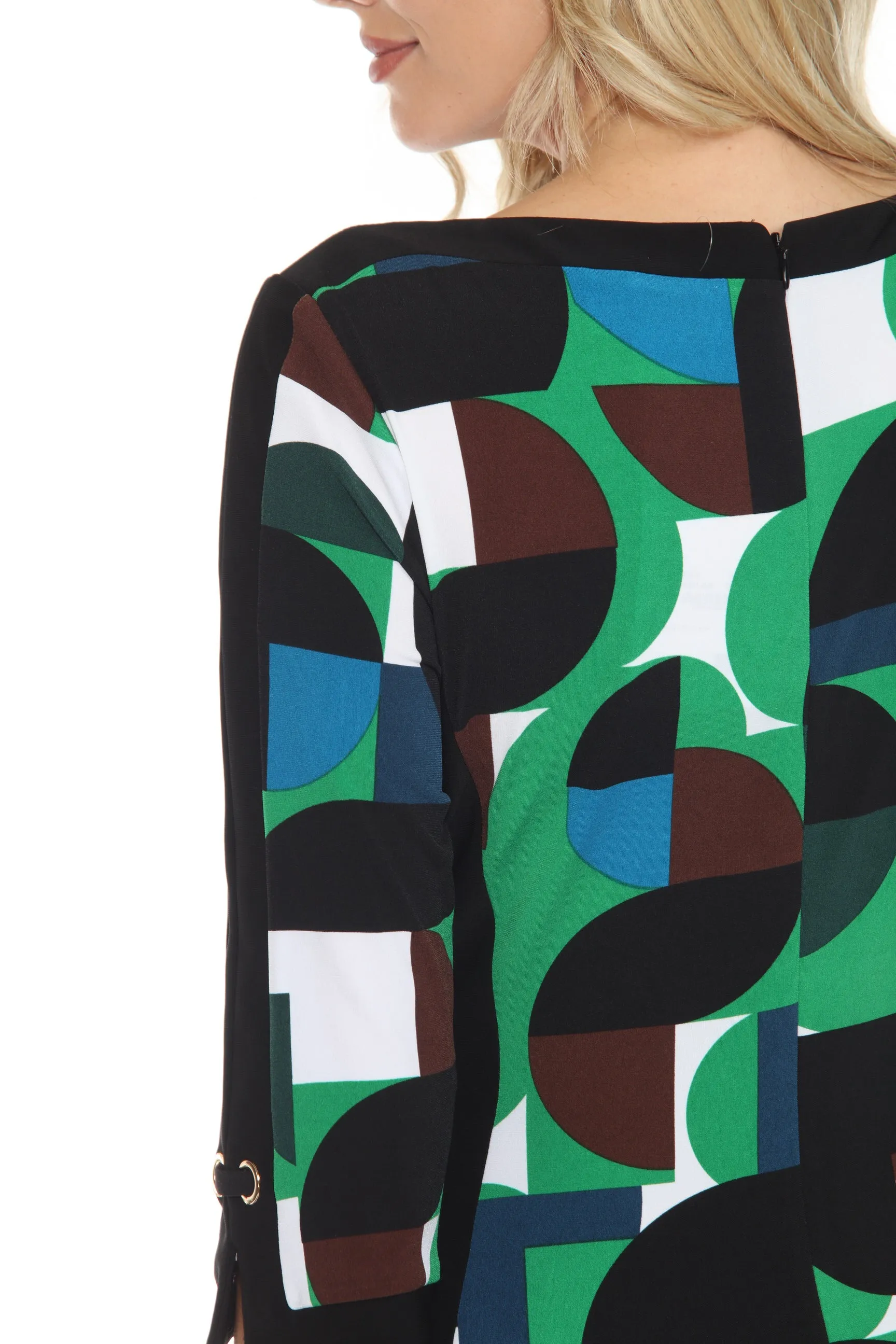 Joseph Ribkoff Vanilla/Multi Geometric Print Boat Neck Sheath Dress 243324