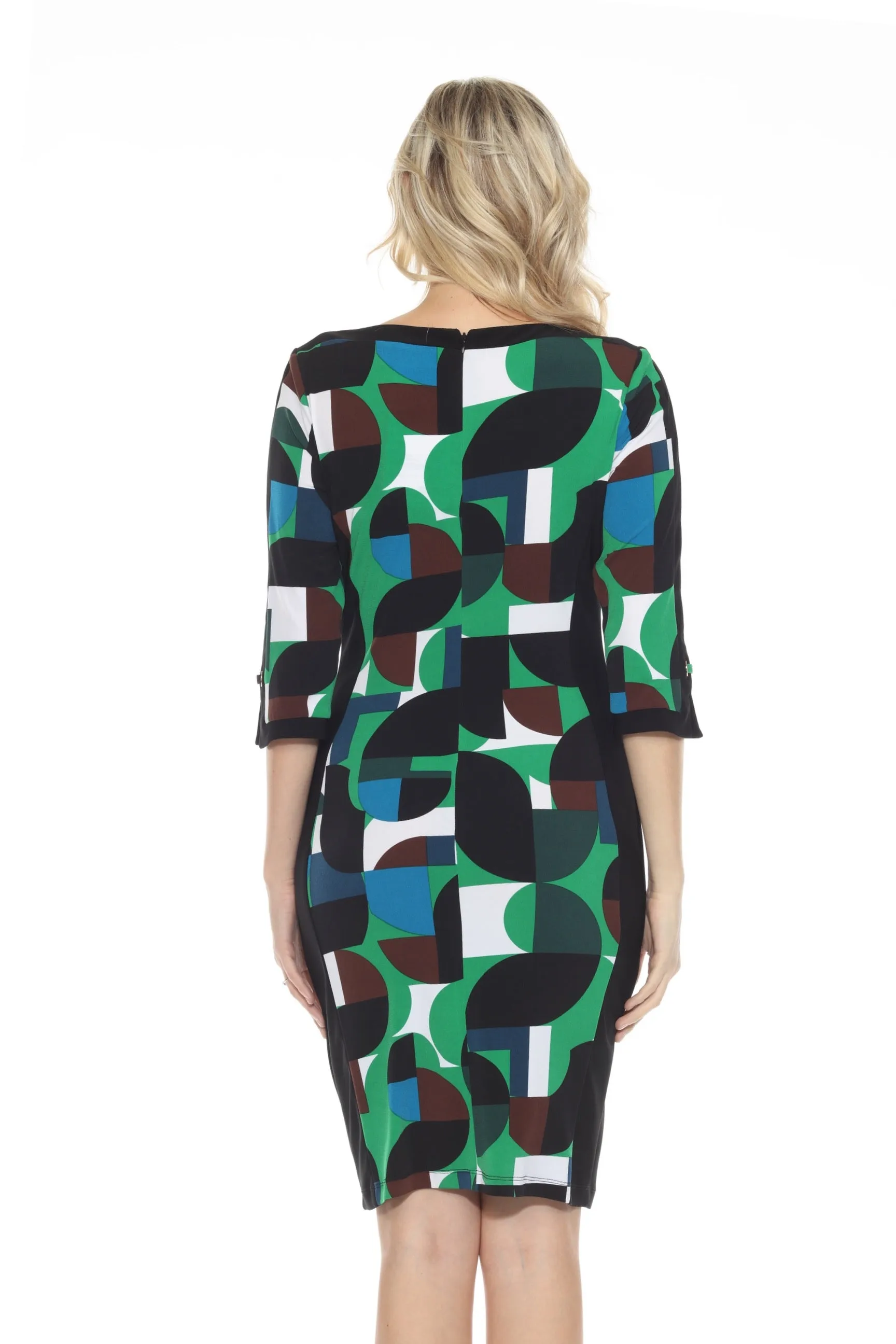 Joseph Ribkoff Vanilla/Multi Geometric Print Boat Neck Sheath Dress 243324