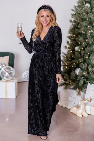 Joy To The World Black Velvet Long Sleeve Belted Jumpsuit  FINAL SALE