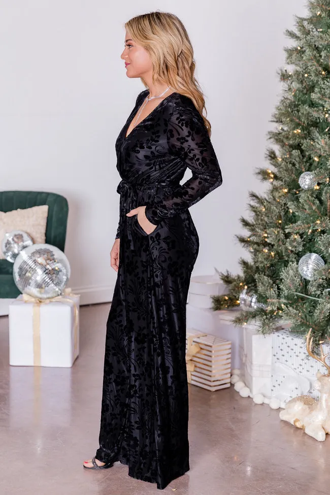 Joy To The World Black Velvet Long Sleeve Belted Jumpsuit  FINAL SALE