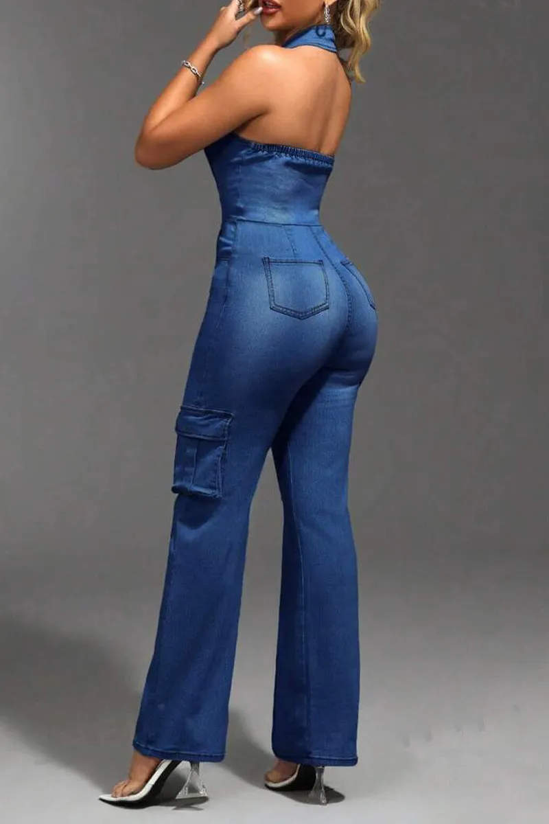JS3446 Halter Denim Jumpsuits