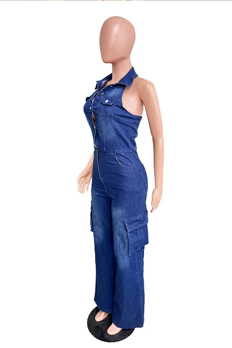JS3446 Halter Denim Jumpsuits