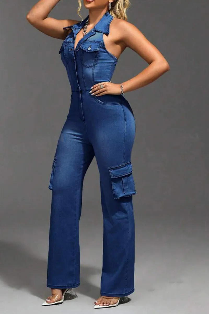 JS3446 Halter Denim Jumpsuits