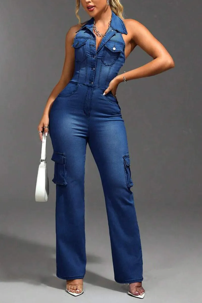 JS3446 Halter Denim Jumpsuits