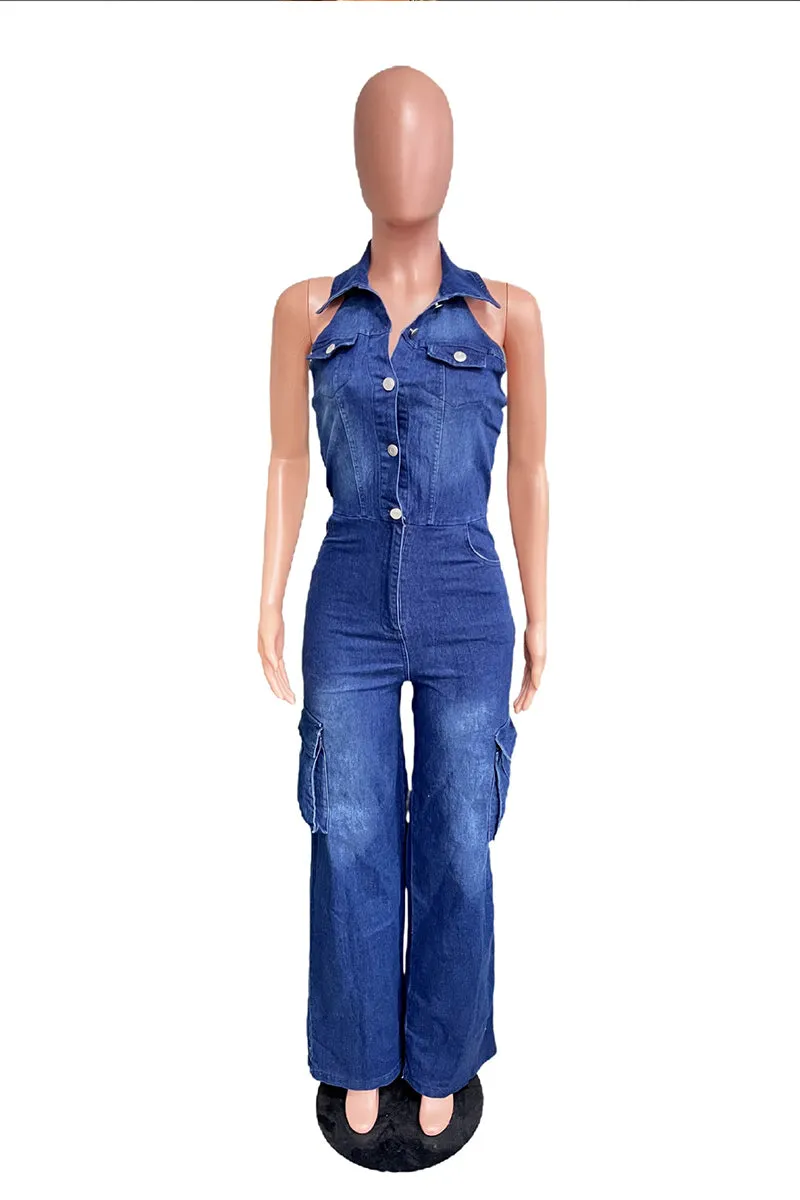 JS3446 Halter Denim Jumpsuits
