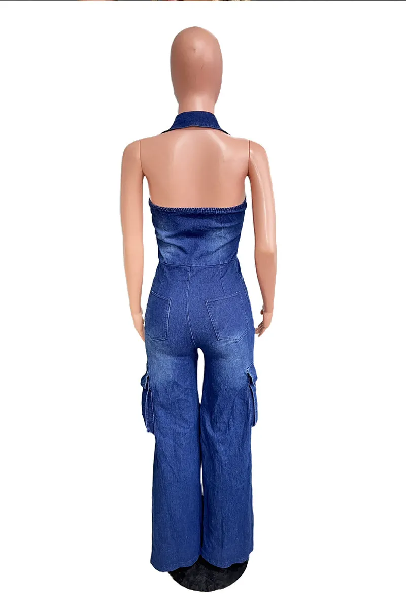 JS3446 Halter Denim Jumpsuits
