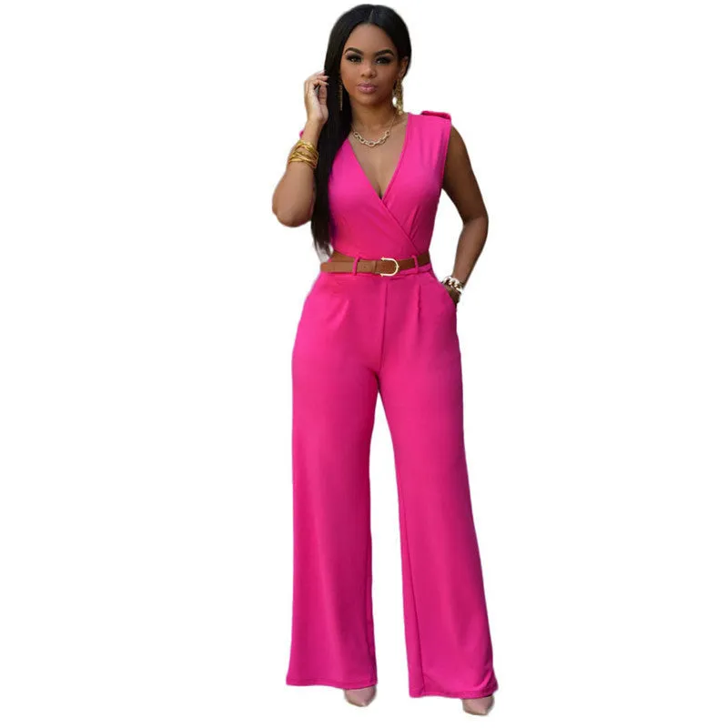 Jumpsuit Long Pants Overalls Dear Lover Women's Fashion Red V Neck Belt Embellished Elegant Playsuit Lady Work Wear LC64003