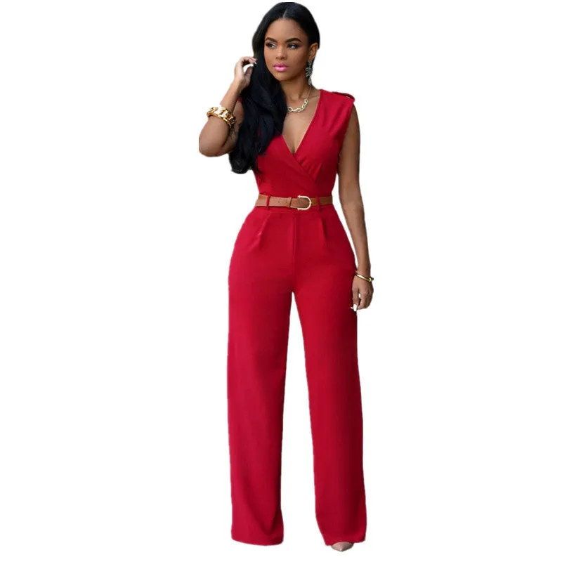Jumpsuit Long Pants Overalls Dear Lover Women's Fashion Red V Neck Belt Embellished Elegant Playsuit Lady Work Wear LC64003