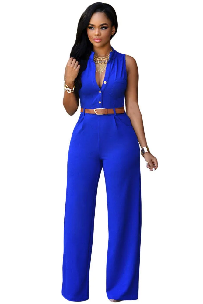 Jumpsuit Long Pants Women Rompers Sleeveless 2XL V-neck Belt Solid Sexy Night Club Elegant Slim Jumpsuits Overalls