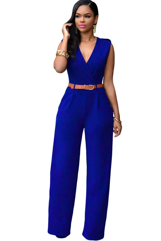 Jumpsuit Long Pants Women Rompers Sleeveless 2XL V-neck Belt Solid Sexy Night Club Elegant Slim Jumpsuits Overalls