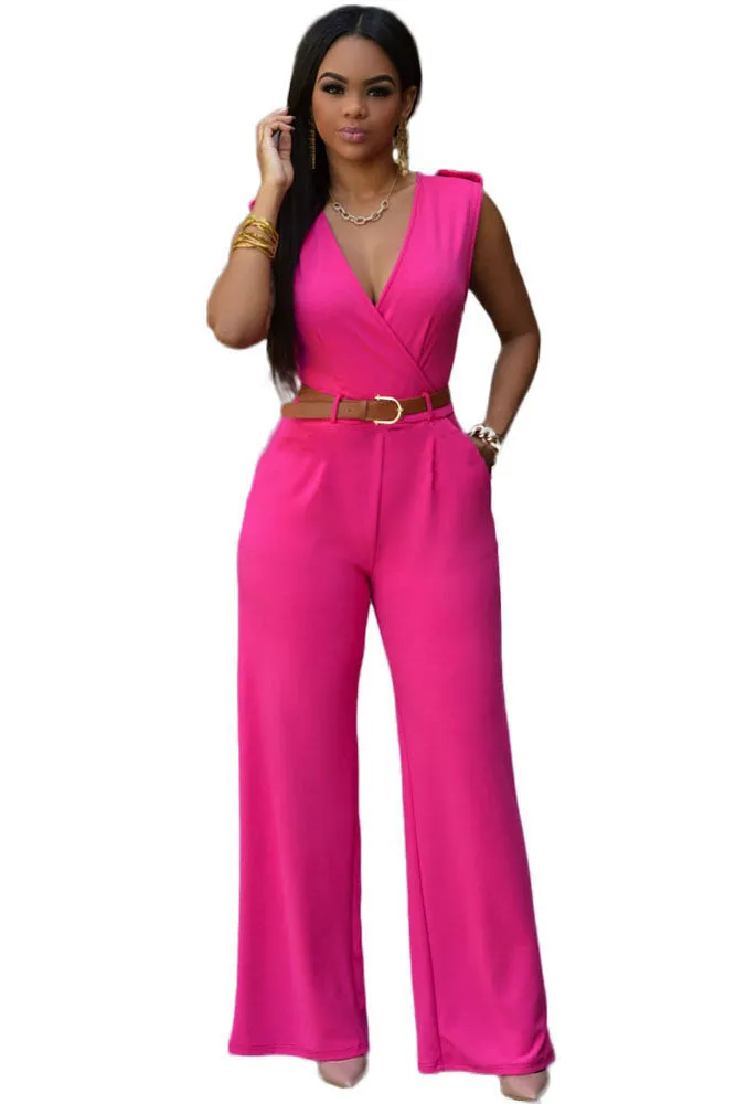 Jumpsuit Long Pants Women Rompers Sleeveless 2XL V-neck Belt Solid Sexy Night Club Elegant Slim Jumpsuits Overalls