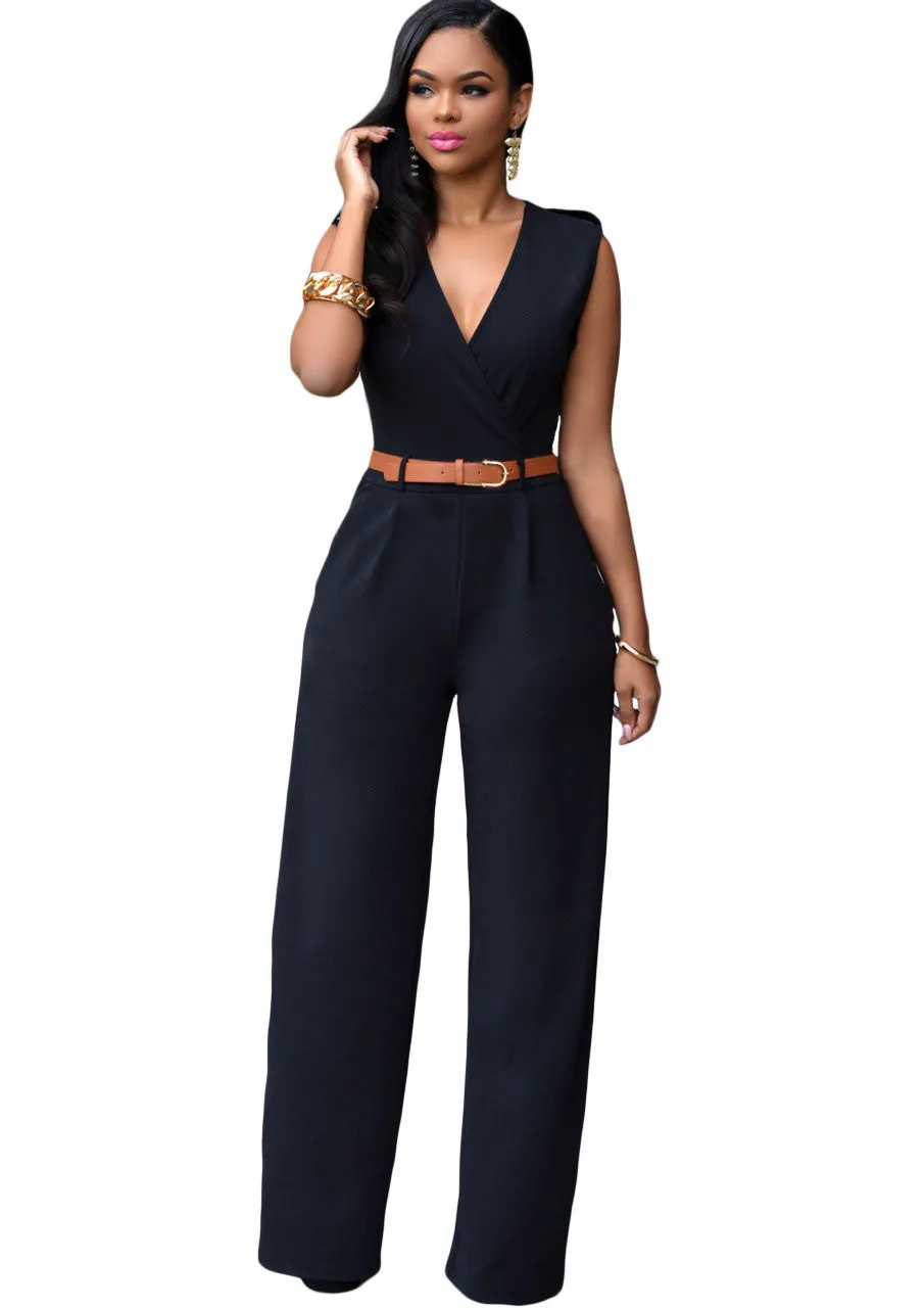 Jumpsuit Long Pants Women Rompers Sleeveless 2XL V-neck Belt Solid Sexy Night Club Elegant Slim Jumpsuits Overalls