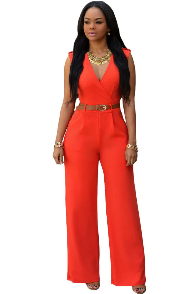 Jumpsuit Long Pants Women Rompers Sleeveless 2XL V-neck Belt Solid Sexy Night Club Elegant Slim Jumpsuits Overalls