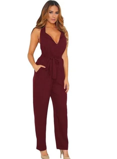 Jumpsuit Long Pants Women Rompers Sleeveless 2XL V-neck Belt Solid Sexy Night Club Elegant Slim Jumpsuits Overalls