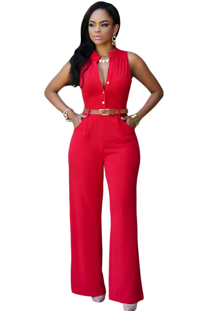 Jumpsuit Long Pants Women Rompers Sleeveless 2XL V-neck Belt Solid Sexy Night Club Elegant Slim Jumpsuits Overalls