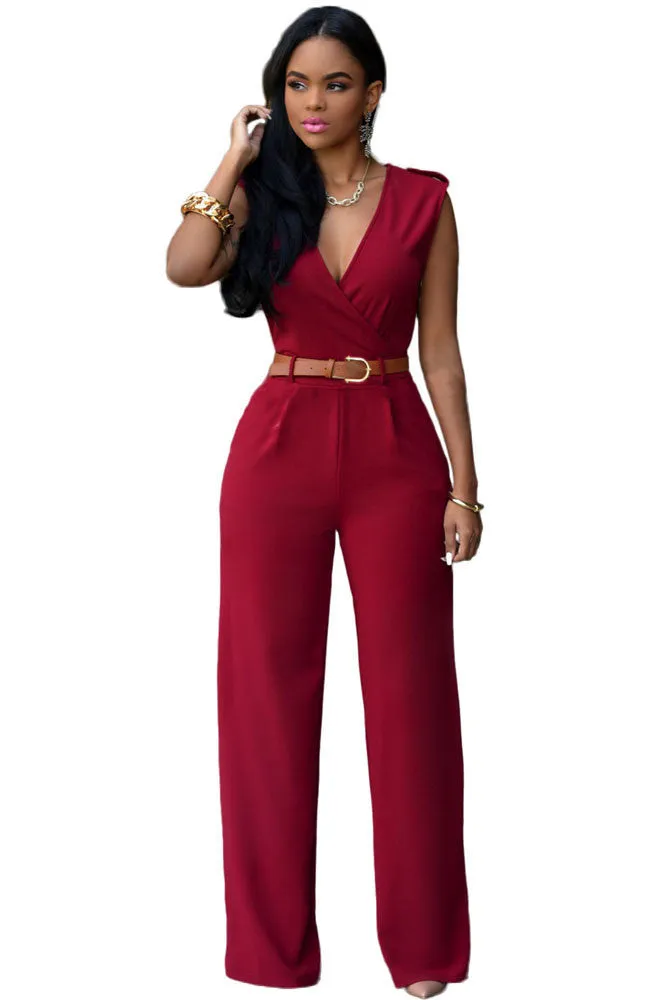 Jumpsuit Long Pants Women Rompers Sleeveless 2XL V-neck Belt Solid Sexy Night Club Elegant Slim Jumpsuits Overalls