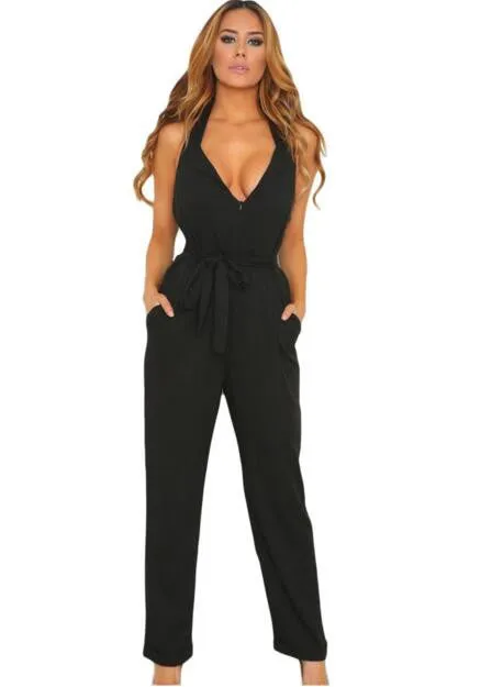 Jumpsuit Long Pants Women Rompers Sleeveless 2XL V-neck Belt Solid Sexy Night Club Elegant Slim Jumpsuits Overalls