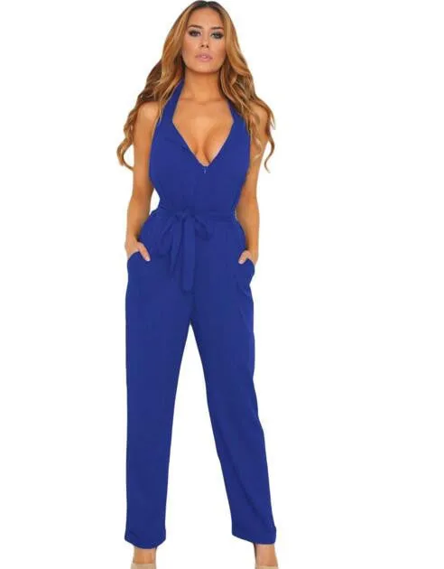 Jumpsuit Long Pants Women Rompers Sleeveless 2XL V-neck Belt Solid Sexy Night Club Elegant Slim Jumpsuits Overalls