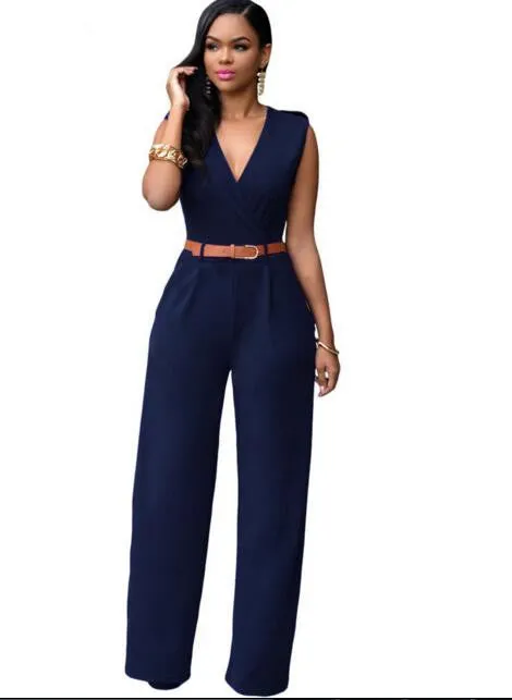 Jumpsuit Long Pants Women Rompers Sleeveless 2XL V-neck Belt Solid Sexy Night Club Elegant Slim Jumpsuits Overalls