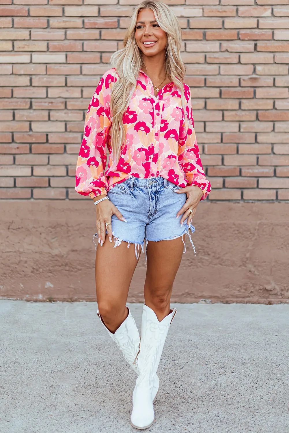 KaleaBoutique Blooming Floral Print Puff Sleeve Buttoned Shirt