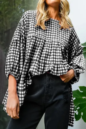 KaleaBoutique Checkered Puff Sleeve Tiered Loose Babydoll Blouse
