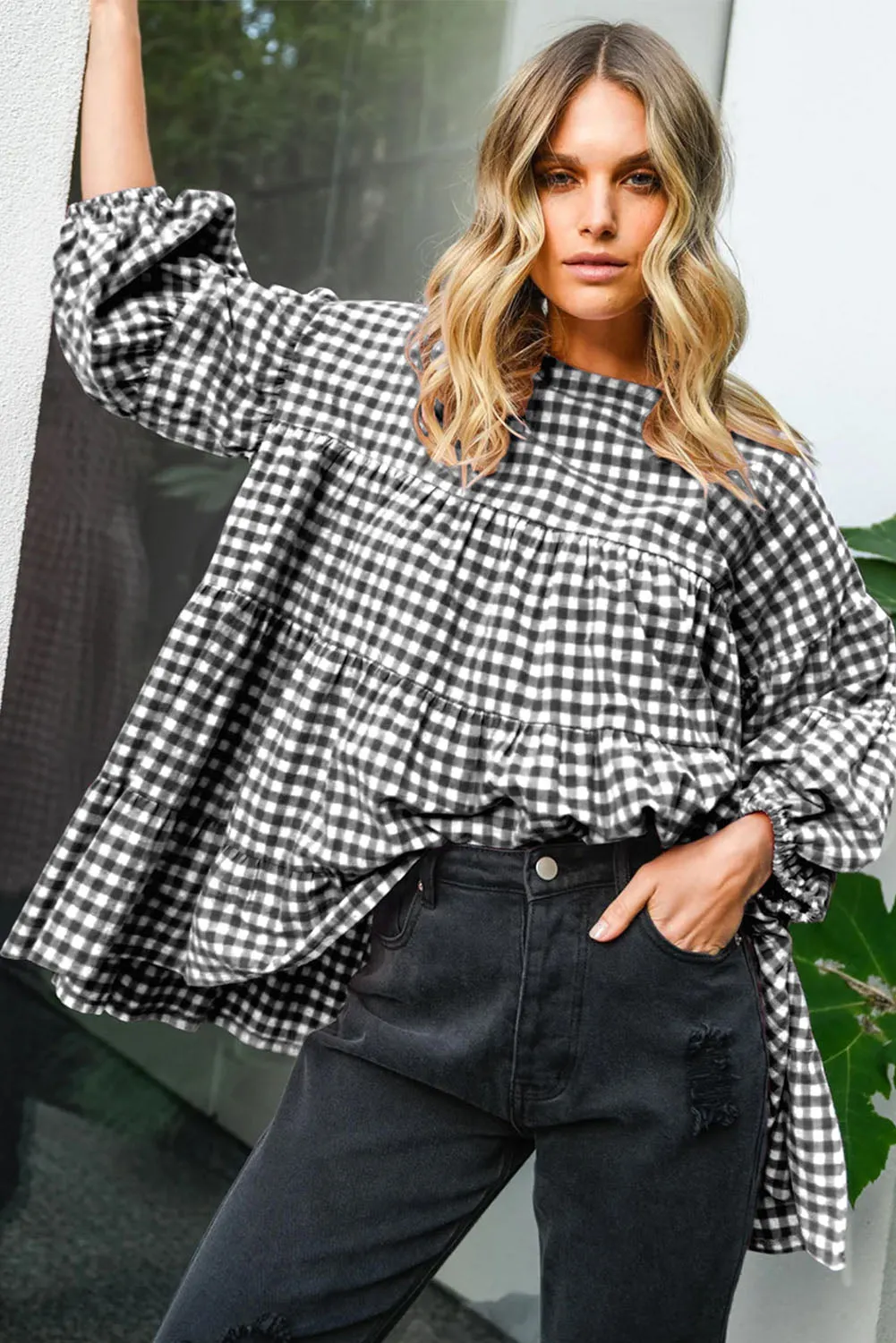 KaleaBoutique Checkered Puff Sleeve Tiered Loose Babydoll Blouse