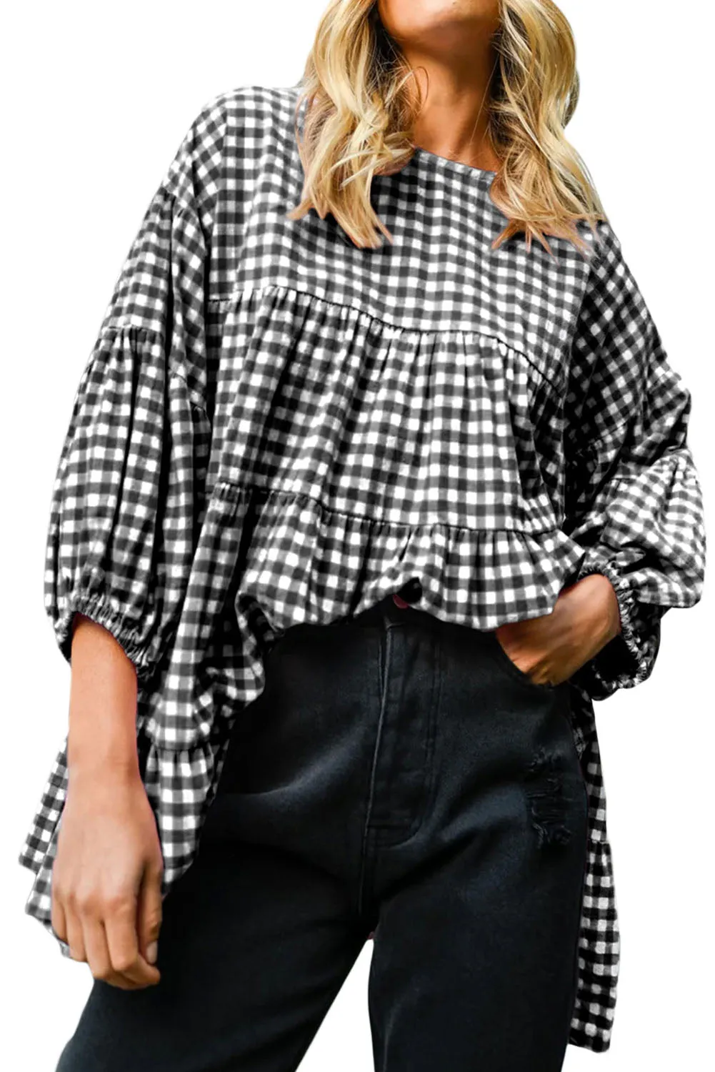 KaleaBoutique Checkered Puff Sleeve Tiered Loose Babydoll Blouse