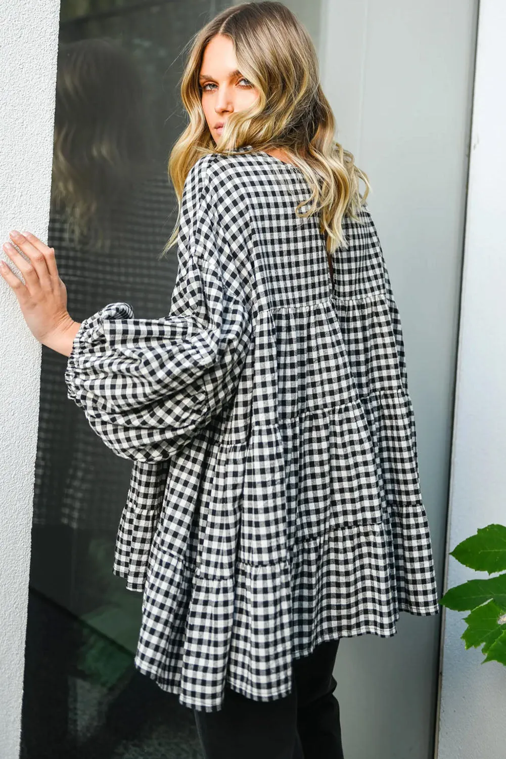 KaleaBoutique Checkered Puff Sleeve Tiered Loose Babydoll Blouse