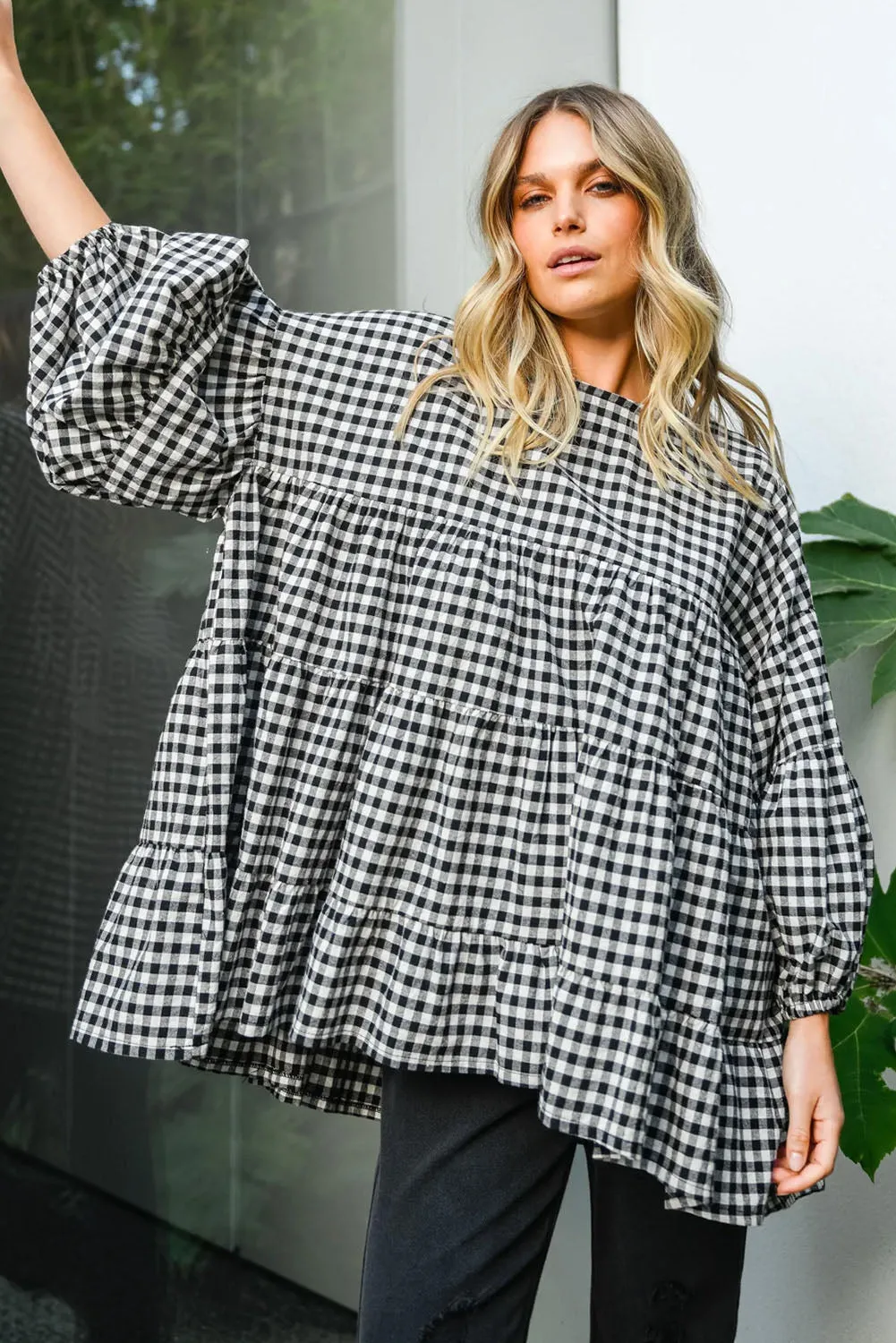 KaleaBoutique Checkered Puff Sleeve Tiered Loose Babydoll Blouse