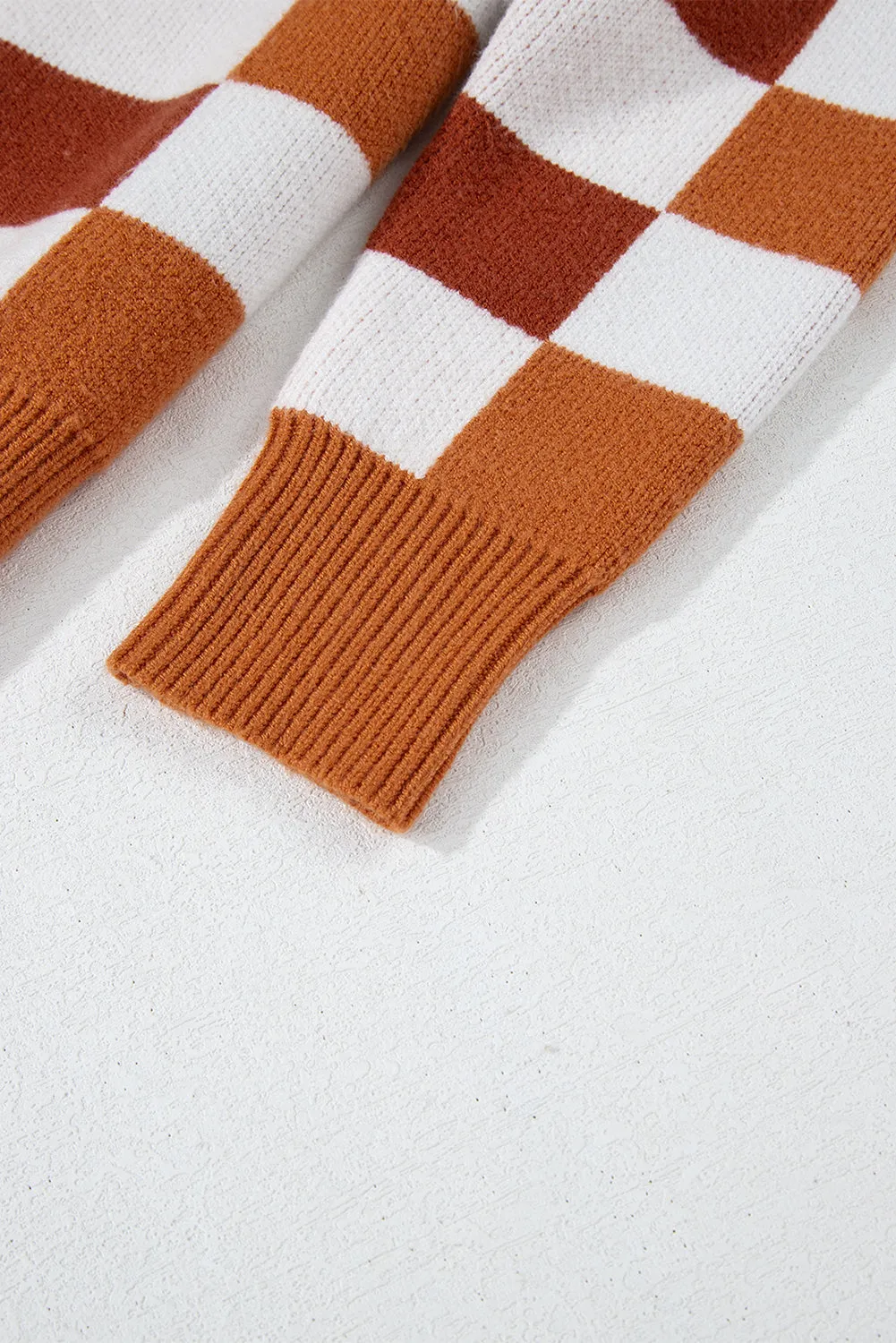 KaleaBoutique Checkered Ribbed Edge O Neck Drop Shoulder Sweater