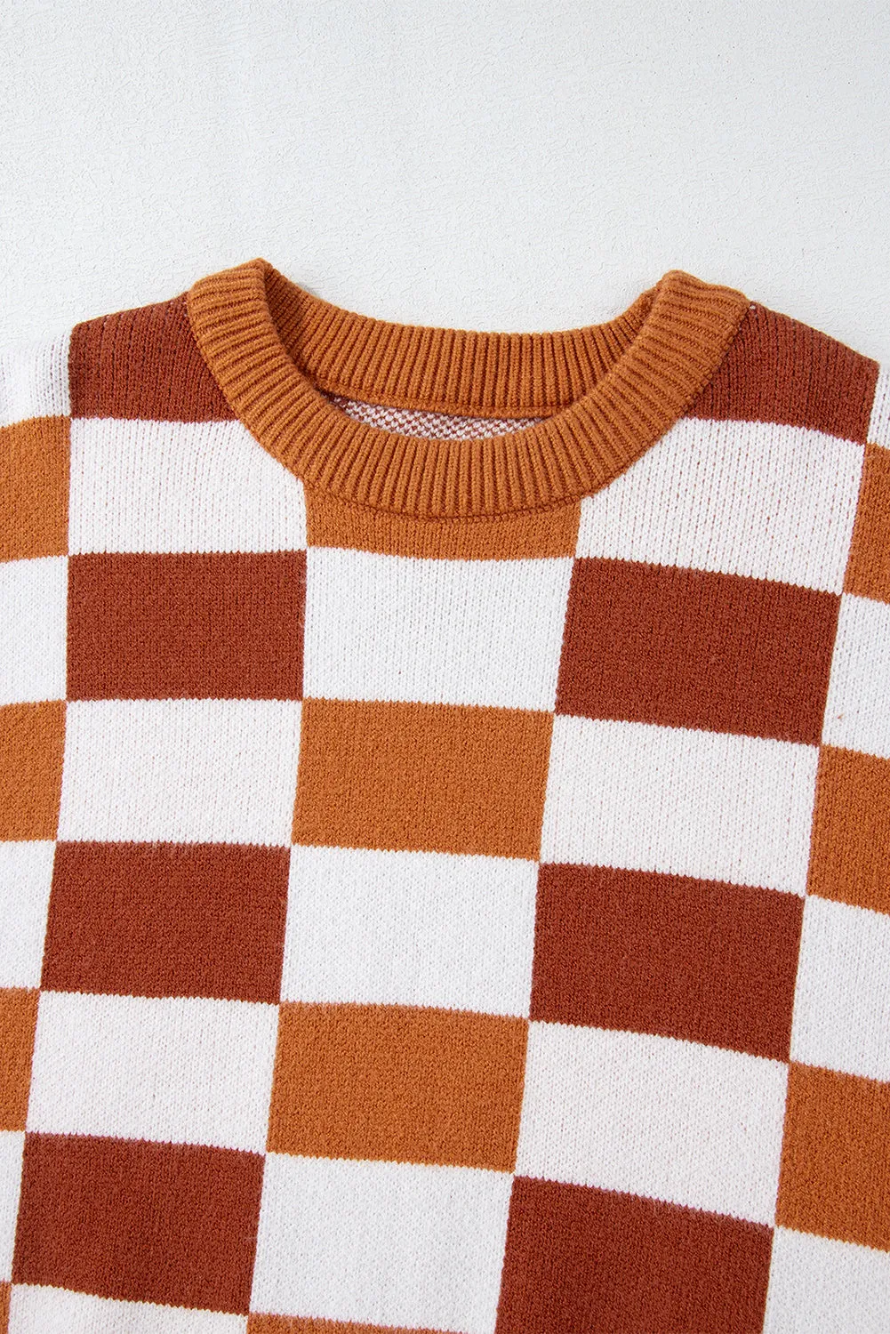KaleaBoutique Checkered Ribbed Edge O Neck Drop Shoulder Sweater
