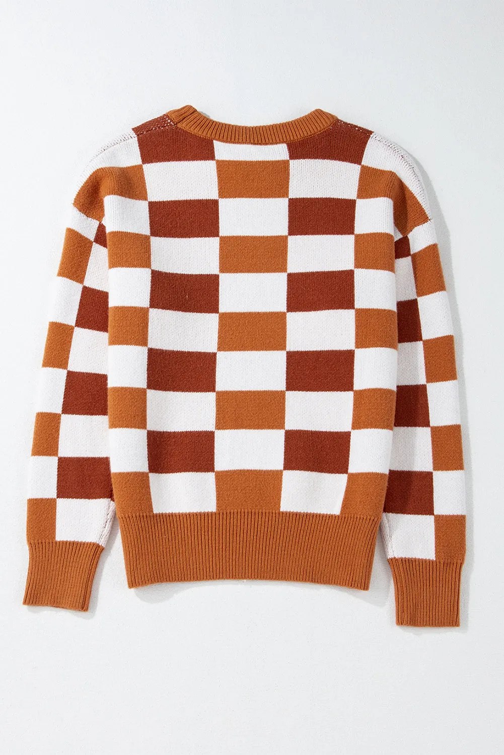 KaleaBoutique Checkered Ribbed Edge O Neck Drop Shoulder Sweater