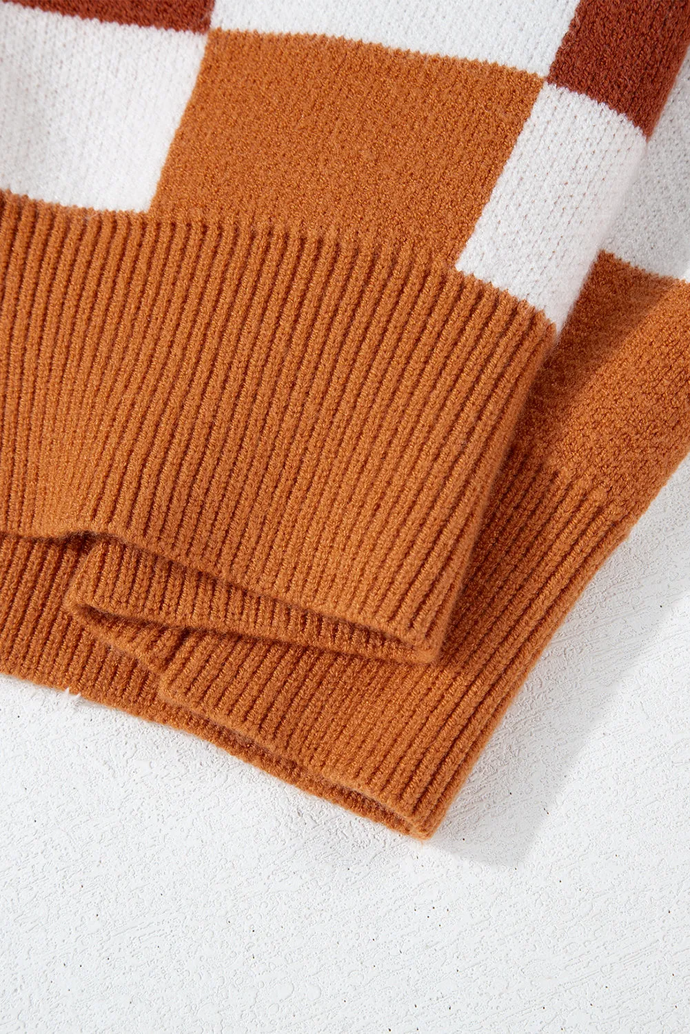 KaleaBoutique Checkered Ribbed Edge O Neck Drop Shoulder Sweater
