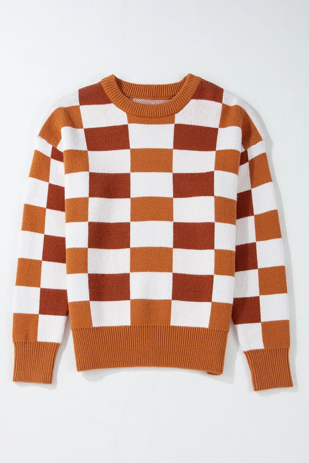 KaleaBoutique Checkered Ribbed Edge O Neck Drop Shoulder Sweater