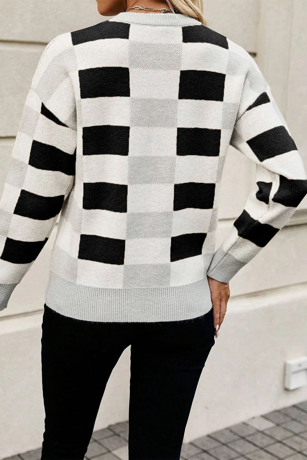 KaleaBoutique Checkered Ribbed Edge O Neck Drop Shoulder Sweater