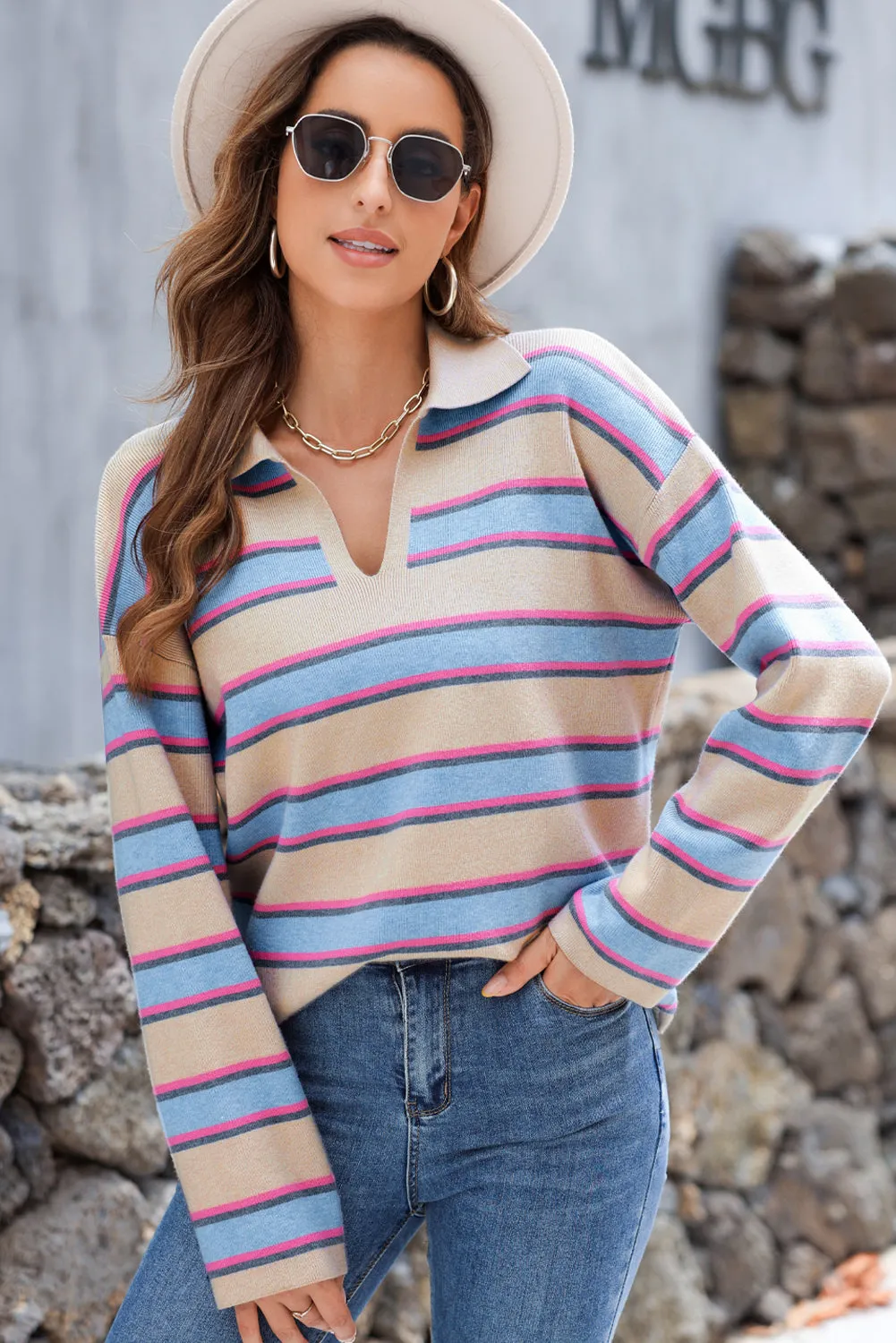 KaleaBoutique Collared V Neck Drop Shoulder Loose Sweater