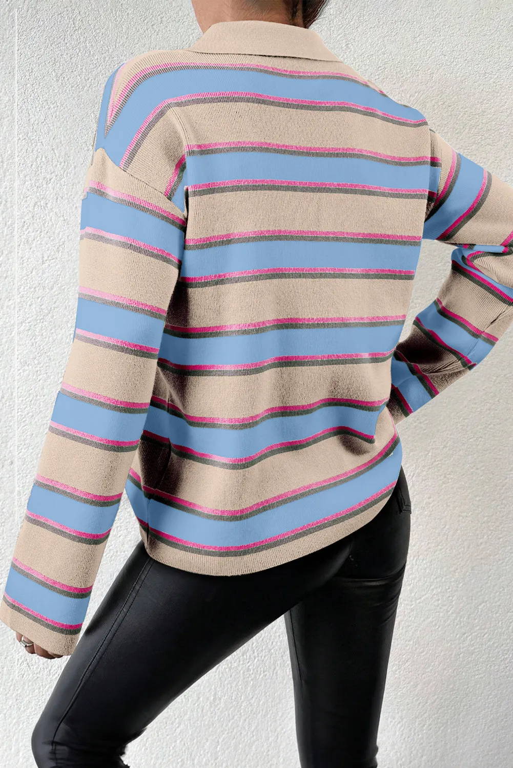 KaleaBoutique Collared V Neck Drop Shoulder Loose Sweater