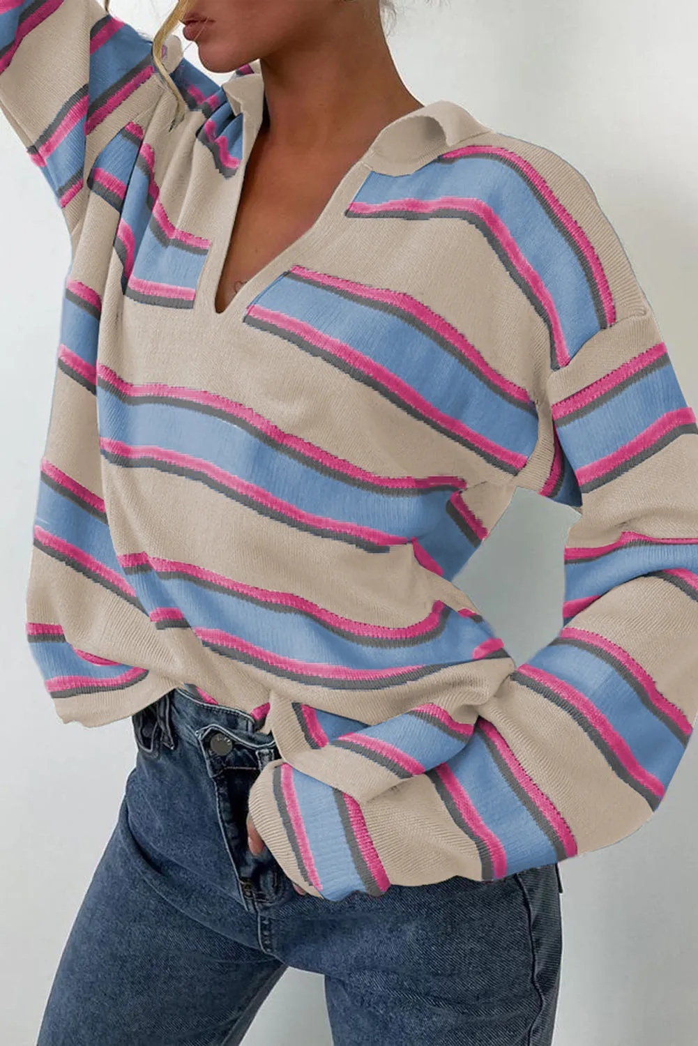 KaleaBoutique Collared V Neck Drop Shoulder Loose Sweater