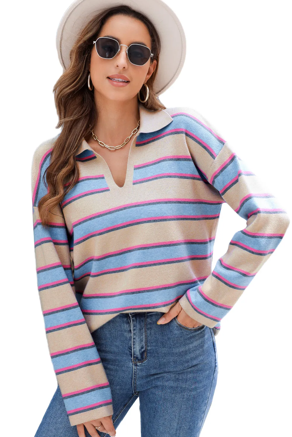 KaleaBoutique Collared V Neck Drop Shoulder Loose Sweater