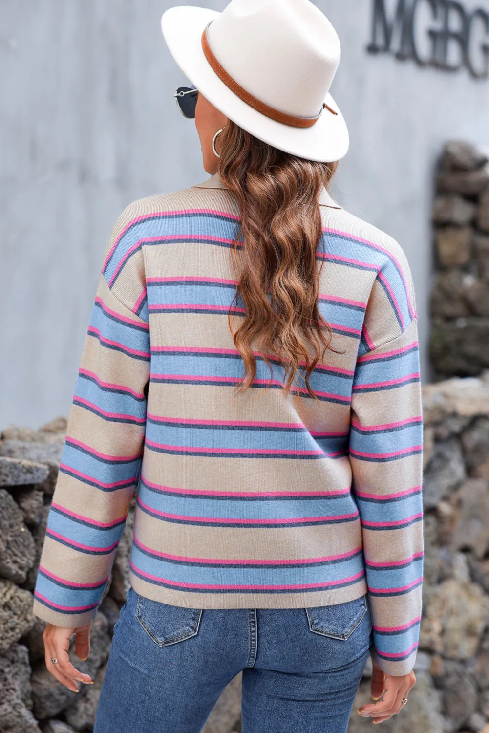 KaleaBoutique Collared V Neck Drop Shoulder Loose Sweater